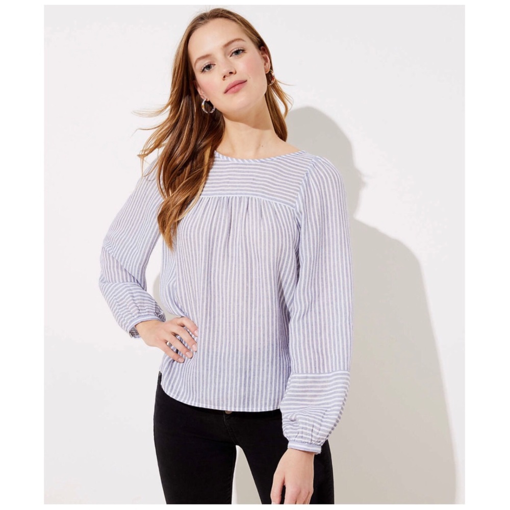 LOFT Petite Striped Shirred Blouse